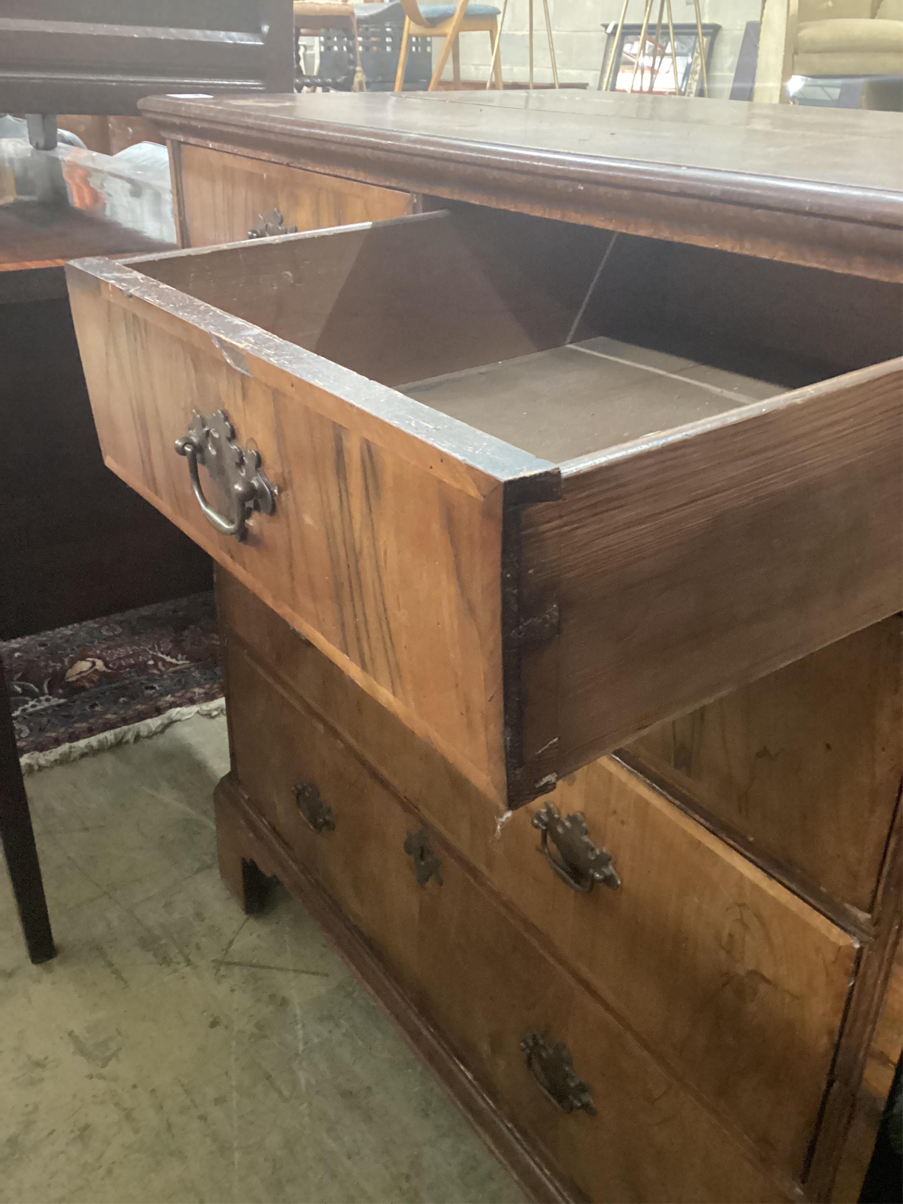 An 18th century oak and walnut chest, width 99cm, depth 54cm, height 102cm. Condition - poor
